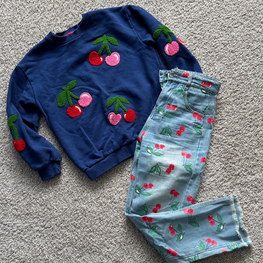 Mini Boden Cherry Embroidered Blue Sweater and Lola and the Boys Jeans Set
